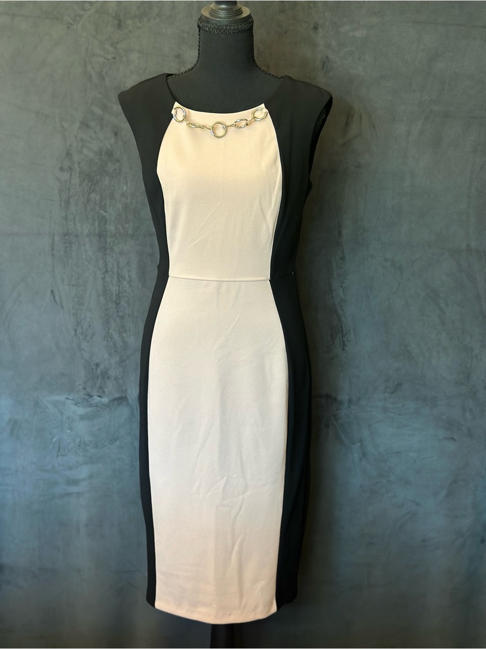 Enfocus Studio Black & Light Pink Colorblock Sheath Dress with Chain Detail